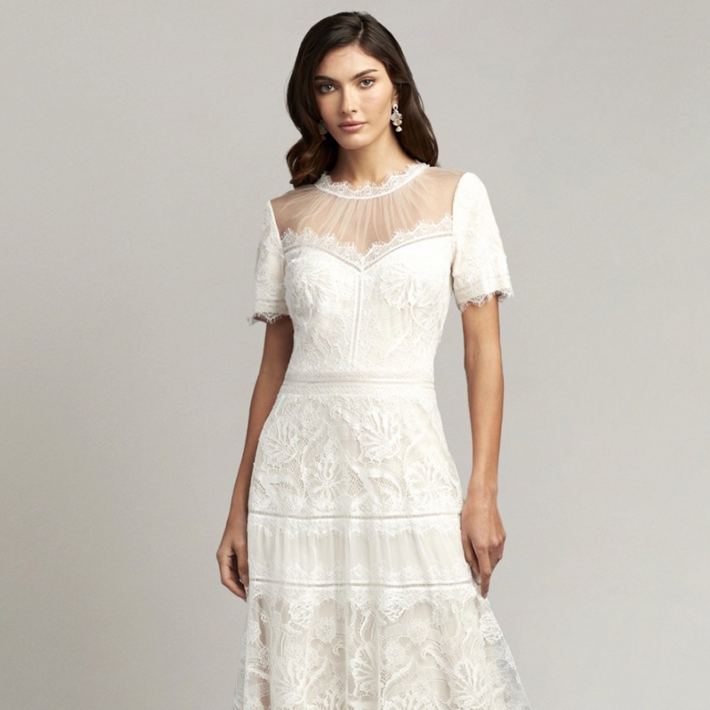 Tadashi Shoji Camilla Tea-Length Dress 6 White/Nude Bridal